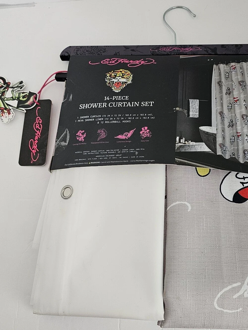 NWT!  Ed Hardy Shower Curtain 14 Piece Set with SHADOW Tattoo Love Kills Design